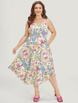 Spaghetti Strap Floral Print Square Neck Pocketed Ruffle Trim Dress