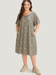 Crew Neck Animal Leopard Print Pocketed Flutter Sleeves Dress