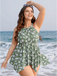 Floral Cut Out Cathered Hanky Hem Tankini Top
