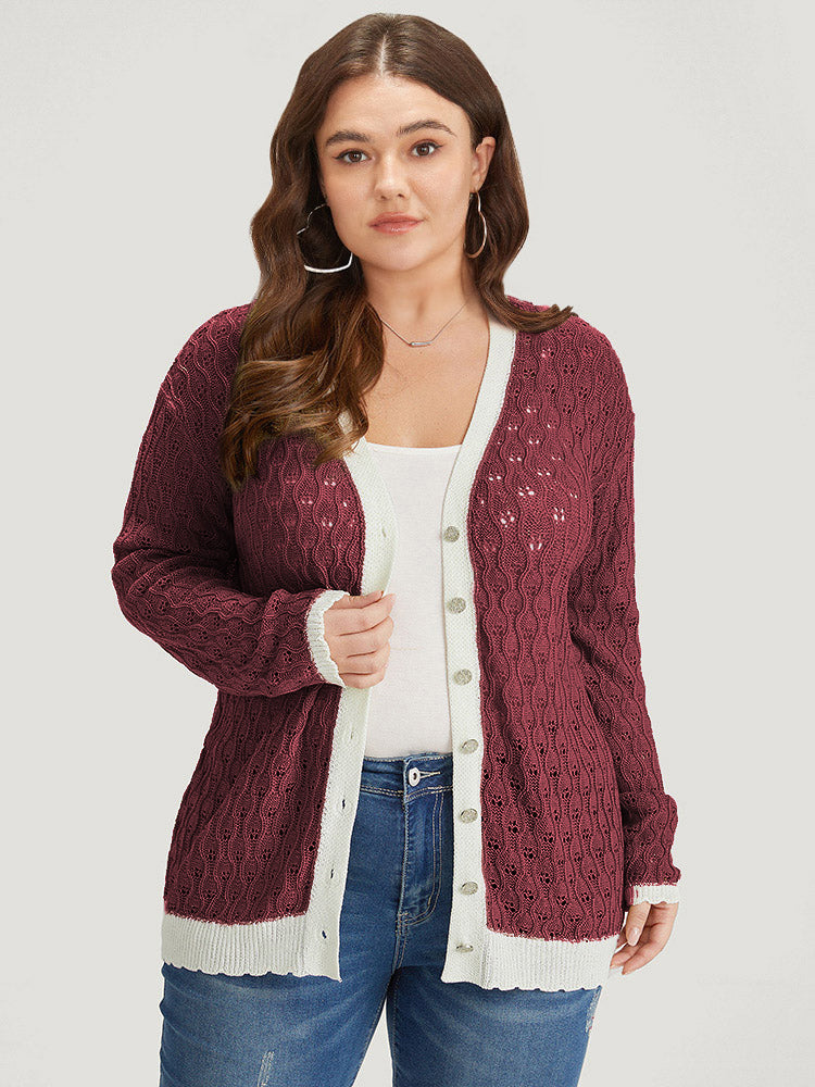 

Two Tone Patchwork Cut Out Button Down Cardigan BloomChic, Burgundy