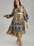 Shirred Pocketed General Print Dress With Ruffles