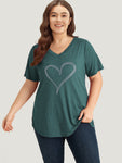 Solid Heart Rhinestone V Neck T shirt