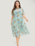 Floral Print Puff Sleeves Sleeves Pocketed Keyhole Lace Trim Dress