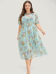 Keyhole Pocketed Puff Sleeves Sleeves Floral Print Lace Trim Dress