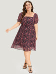 Floral Print Puff Sleeves Sleeves Mesh Elasticized Waistline Dress