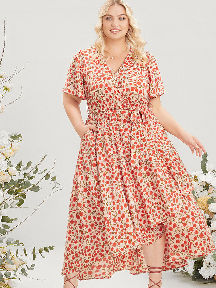 

Plus Size Women Dailywear Floral Belted Regular Sleeve Short Sleeve Overlap Collar Pocket Belt Elegance Dresses BloomChic, Rouge