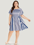 Striped Print Ruched Dress With Ruffles