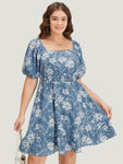 Square Neck Floral Print Shirred Puff Sleeves Sleeves Dress