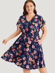 Floral Knot Neck Drawstring Dolman Sleeve Shirred Dress