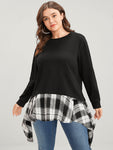 Tartan Patchwork Round Neck Asymmetrical Hem Sweatshirt