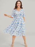 Ruffle Trim Pocketed Shirred Floral Print Dress