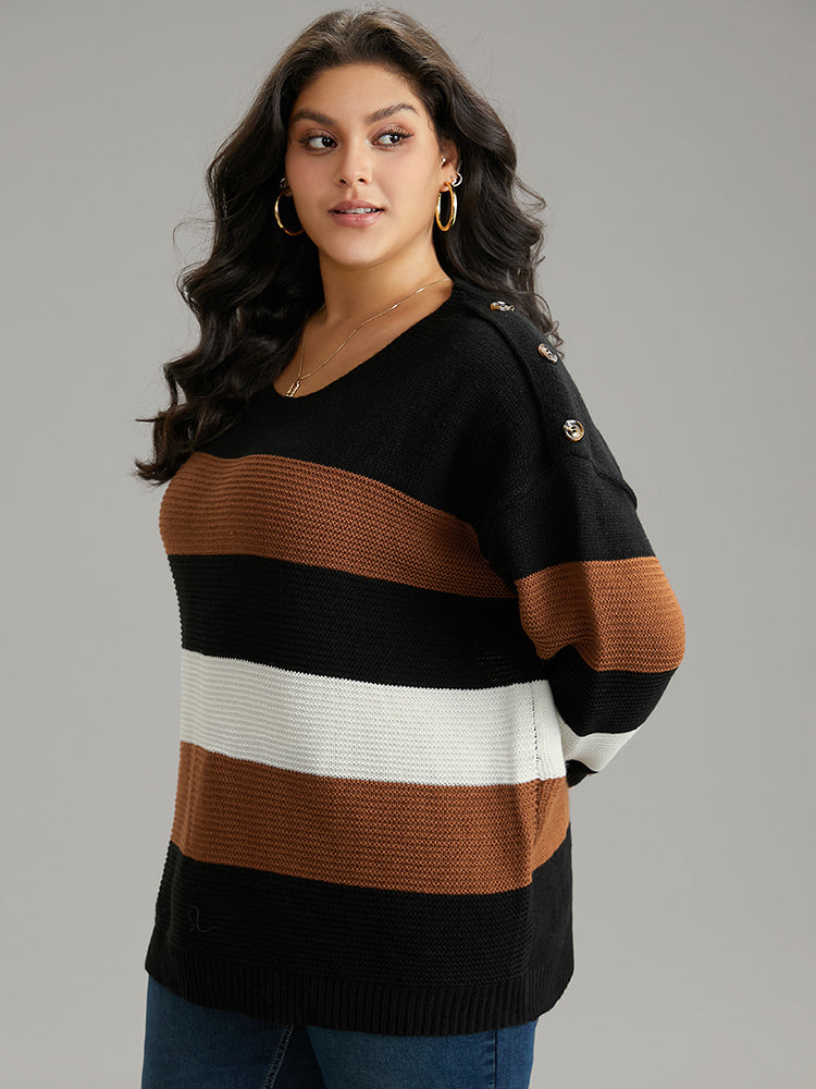 

Plus Size Pullovers | Colorblock Contrast Button Detail Crew Neck Pullover | BloomChic, Black