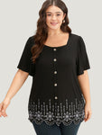 Embroidered Button Detail Scalloped Trim T shirt