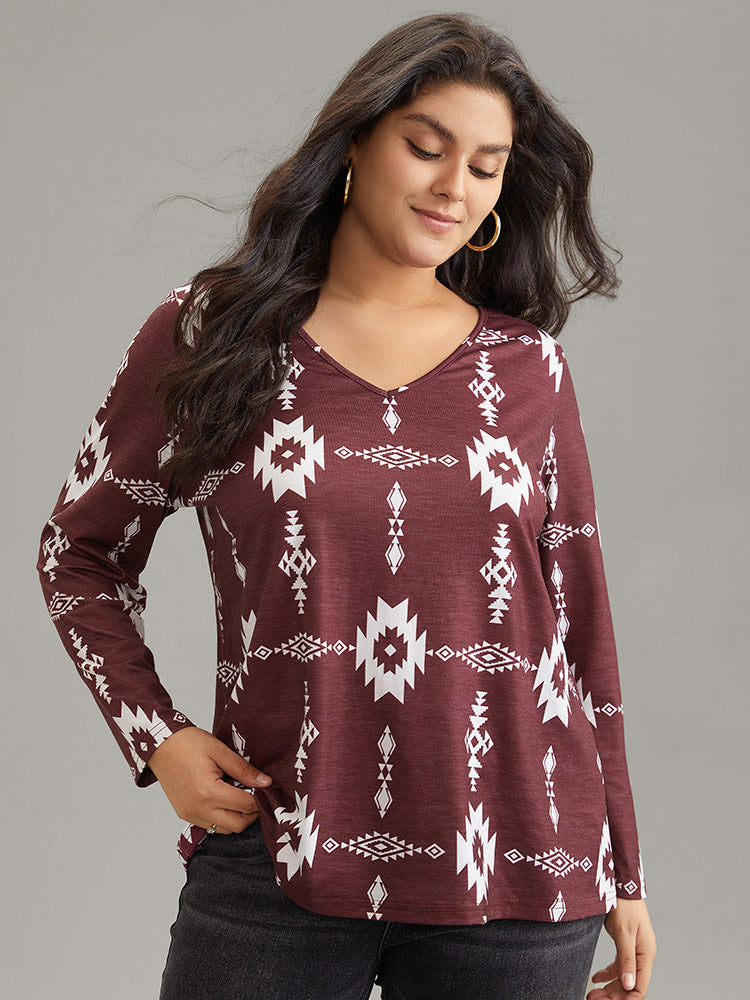 

Plus Size Women Dailywear Bohemian Print Printed Regular Sleeve Long Sleeve V-neck Casual T-shirts BloomChic, Burgundy