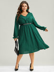 Solid Textured V Neck Lantern Sleeve Frill Trim Dress