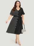 Striped Patchwork Pocket Button Detail Belted Dress