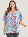 Ditsy Floral Keyhole Knot Neck Tiered Sleeve Blouse