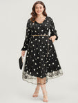 Star Embroidered Mesh Pocket Lantern Sleeve Midi Dress