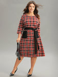 Christmas Plaid Belted Patched Pocket Dress