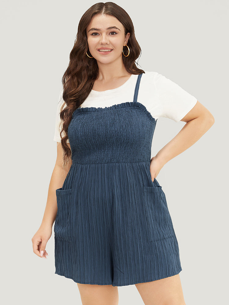 

Plain Plisse Pocket Frill Trim Shirred Overall Cami Jumpsuit BloomChic, Dark blue