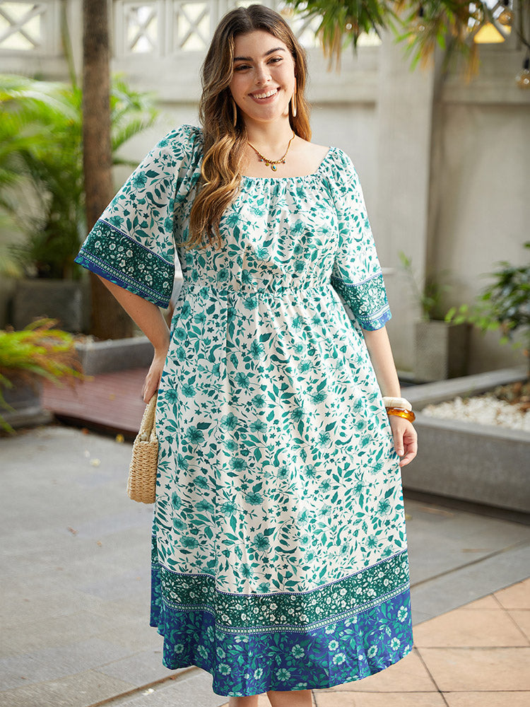 

Plus Size Women Dailywear Bohemian Print Gathered Bell Sleeve Half Sleeve Square Neck Pocket Vacation Dresses BloomChic, Emerald