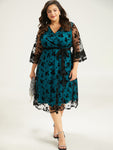 Flocking Floral Crochet Lace Mesh Belted Dress