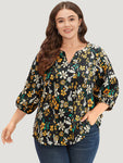 Floral Print Pleated Notched Lantern Sleeve Blouse