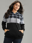 Colorblock Contrast Plaid Kangaroo Pocket Sweatshirt