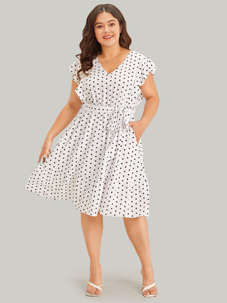 Polka Dots Print Cap Sleeves Belted Pocketed Dress With Ruffles