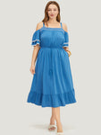Pocketed Tiered Cold Shoulder Sleeves PomPom Trim Dress With Ruffles