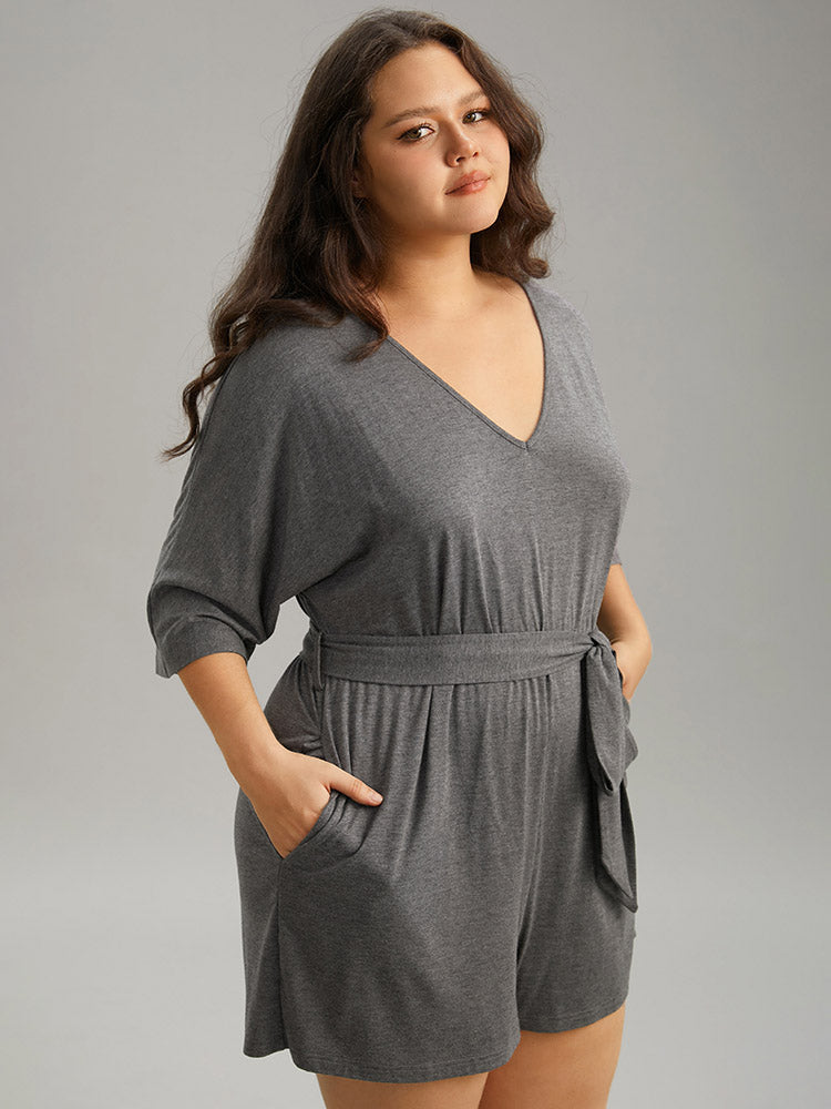 

Plus Size Sleep Jumpsuits/Rompers | Solid Belted Pocket Sleep Romper | BloomChic, Dim gray