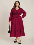 Plant Print Lantern Sleeve Pocket Belted Ruffles Hem Dress