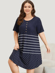 Striped & Polka Dot Print Pocket Button Detail Sleep Dress