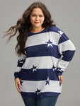 Striped & Star Contrast Crew Neck T shirt