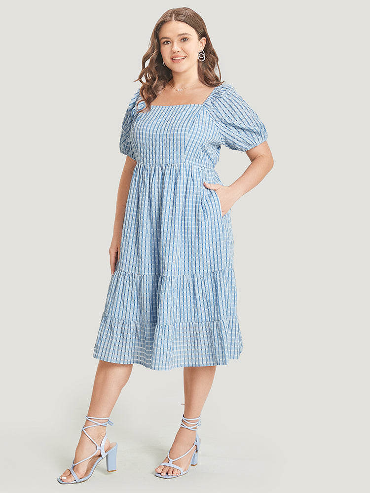 

Plus Size Women Dailywear Gingham Lined Puff Sleeve Short Sleeve Square Neck Pocket Elegance Dresses BloomChic, Blue