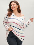 Striped Contrast Super Soft Knit V Neck Fluffy Knit Top