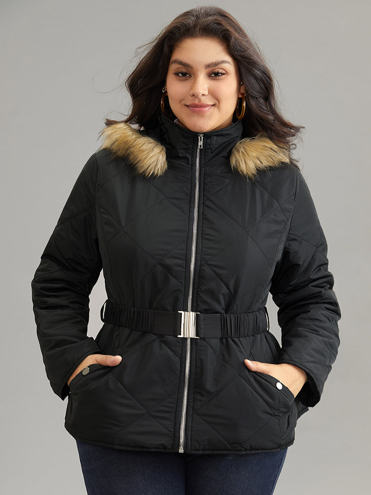 

Plus Size Jackets | Plain Fuzzy Trim Belted Zipper Jacket | BloomChic, Black