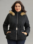 Plain Fuzzy Trim Belted Zipper Jacket