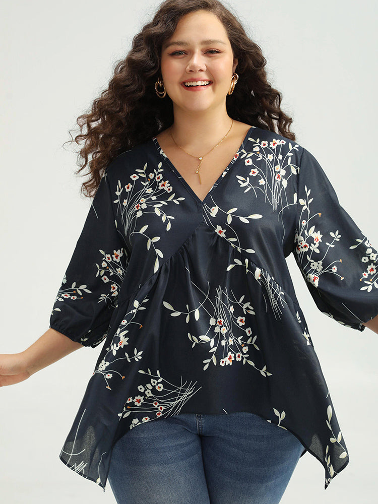 

Plus Size Women Dailywear Floral Asymmetrical Lantern Sleeve Three Quater Length Sleeve Deep V Neck Elegance Blouses BloomChic, Indigo