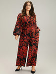 Notched Collar Shirred Floral Print Jumpsuit