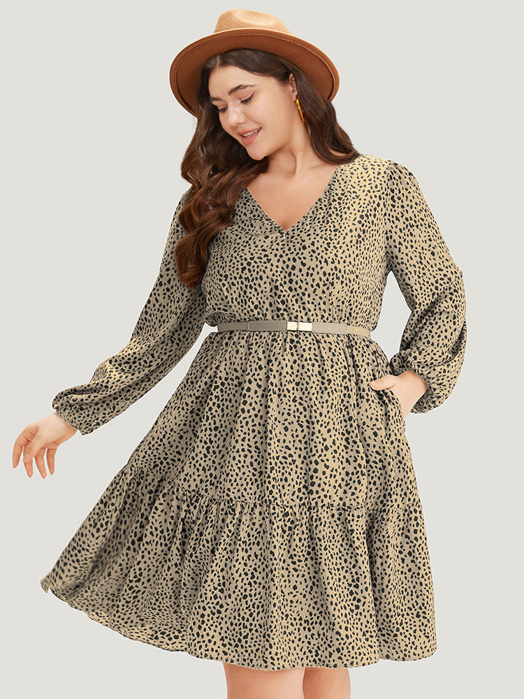 

Plus Size Women Dailywear Leopard Elastic cuffs Lantern Sleeve Long Sleeve V-neck Pocket Elegance Dresses BloomChic, Tan