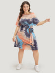 Tie Dye Pocket Knotted Front Batwing Sleeve Knee Dress