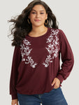 Silhouette Floral Print Embroidered Crew Neck Sweatshirt