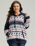 Christmas Pocket Rib Knit Hooded Raglan Sleeve Sweatshirt