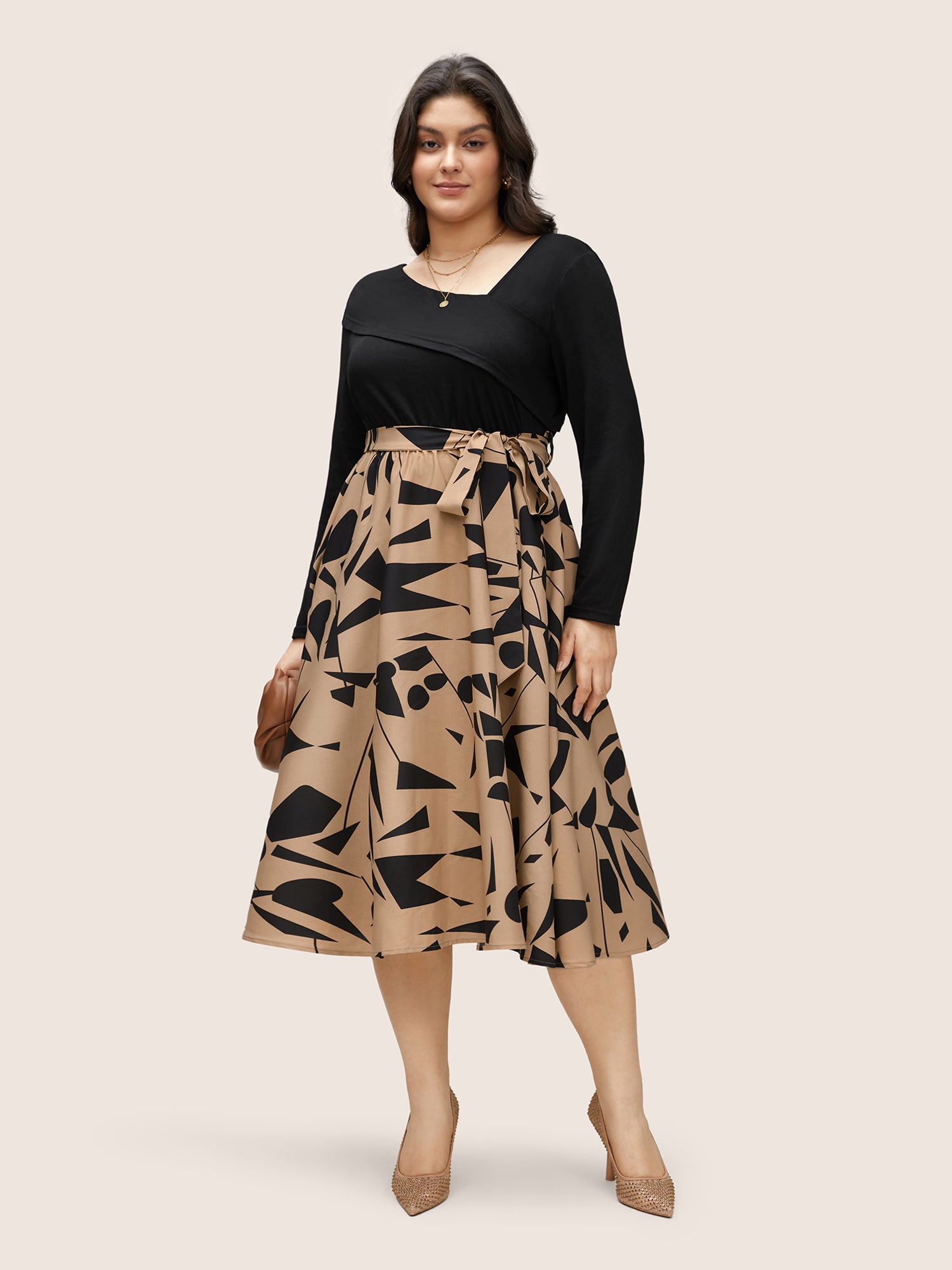 

Plus Size Women Work Geometric Non Side seam pocket Belt At the Office Dresses BloomChic, Black