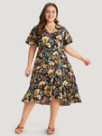V-neck Pocketed Floral Print Dress With Ruffles