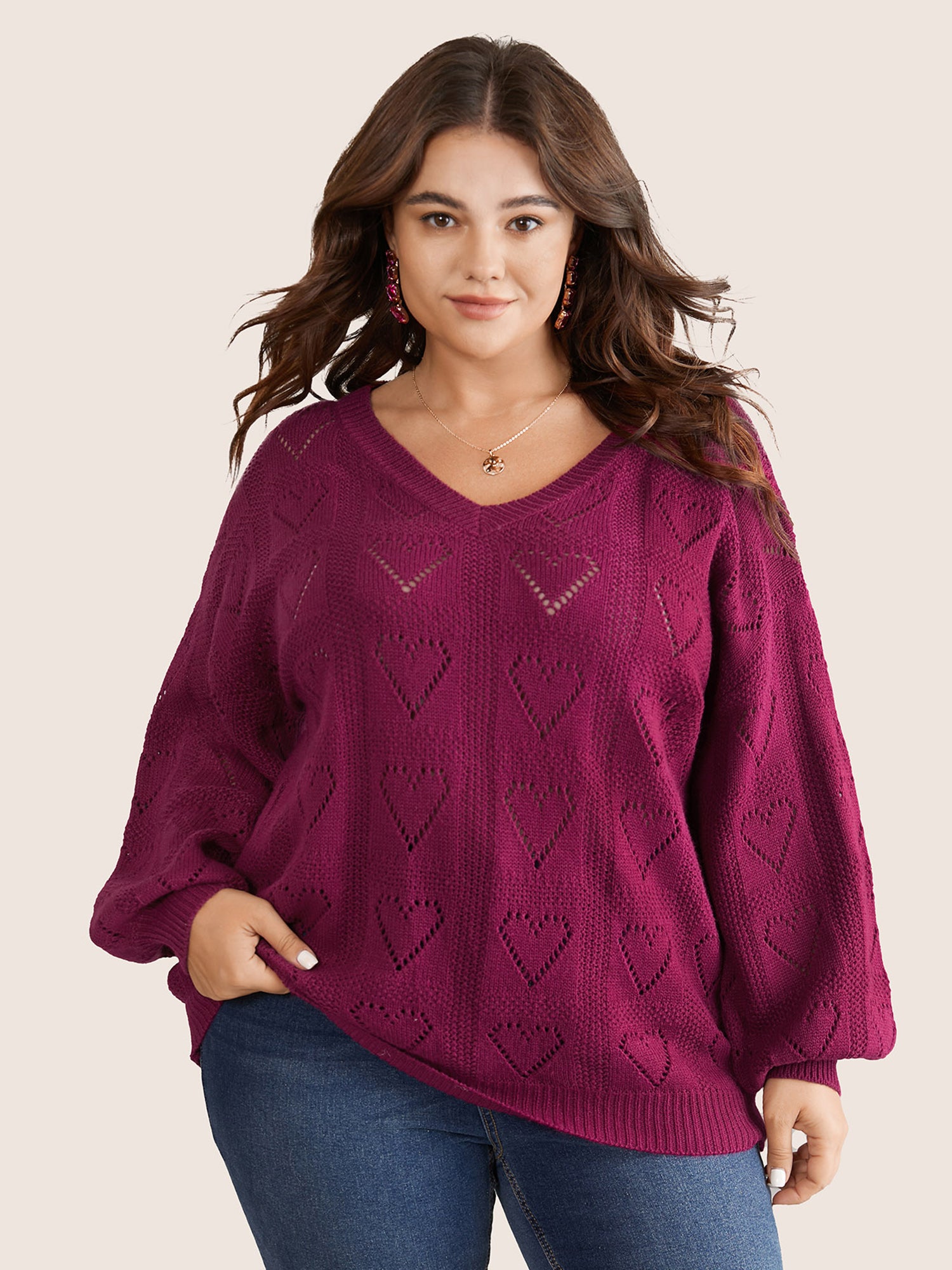 

Plus Size Pullovers | Solid Heart Pointelle Lantern Sleeve Pullover | BloomChic, Burgundy