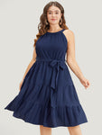 Tiered Pocketed Belted Halter Dress With Ruffles