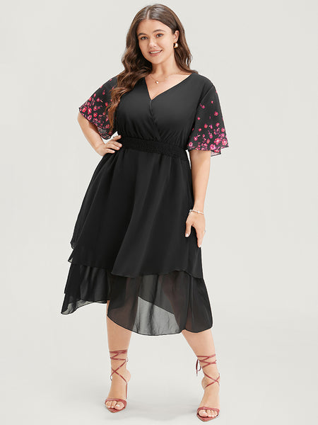 V-neck Floral Print Mesh Shirred Pocketed Dress With Ruffles