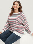 Striped Contrast Pointelle Knit Round Neck Loose Knit Top